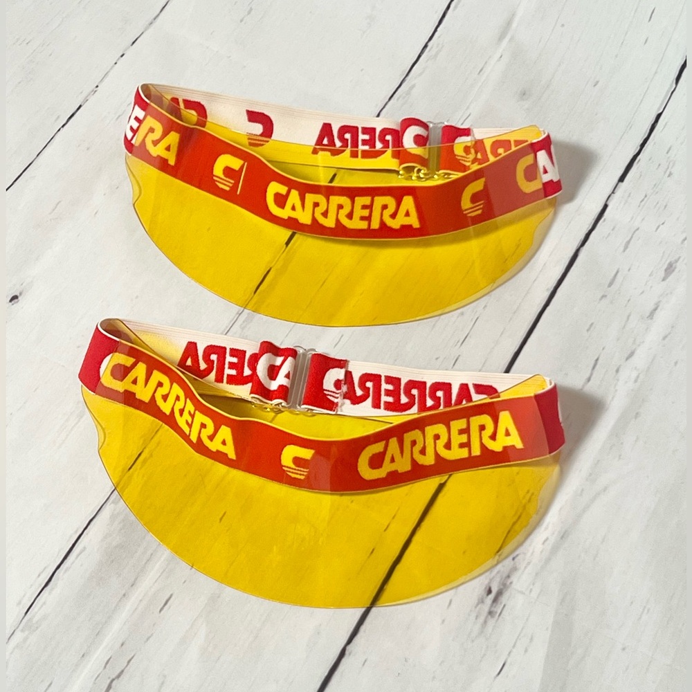 Two Vintage Rare Porsche Carrera Yellow Visors with Red and White Band